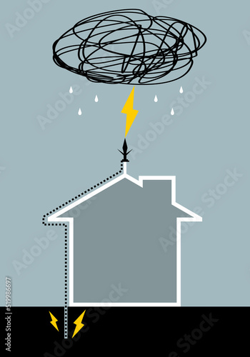 Lightning rod on top roof of building house with thunder cloud rainstorm on gray background flat vector black icon design.