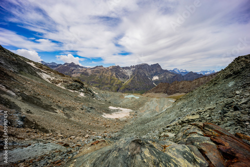 Excursion to the Gran Paradiso in the Alps. Search for rocks, minerals and precious stones. Study of the surface of rocks with sedimented debris over time. Lunar landscape, Martian landscape.