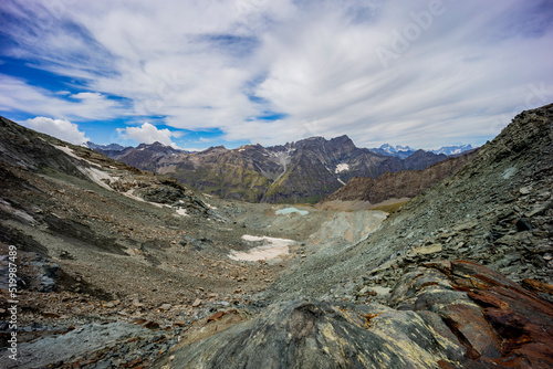 Excursion to the Gran Paradiso in the Alps. Search for rocks, minerals and precious stones. Study of the surface of rocks with sedimented debris over time. Lunar landscape, Martian landscape.