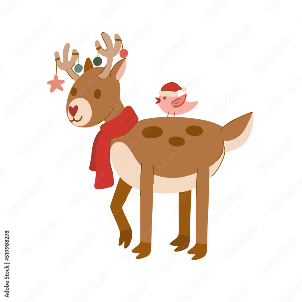 Obraz premium Christmas deer in new year scarve. Cute winter deer animal card. Cartoon character print. Stock vector illustration on a white background.