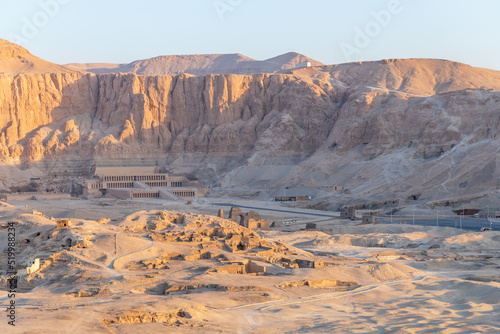 Aerial view of the Mortuary Temple of Hatshepsut, Luxor, Egypt.