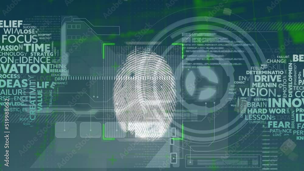 Animation of graphical infographic interface with fingerprints, programming data and motivating text Animation of graphical infographic interface with fingerprints, programming data and motivating text