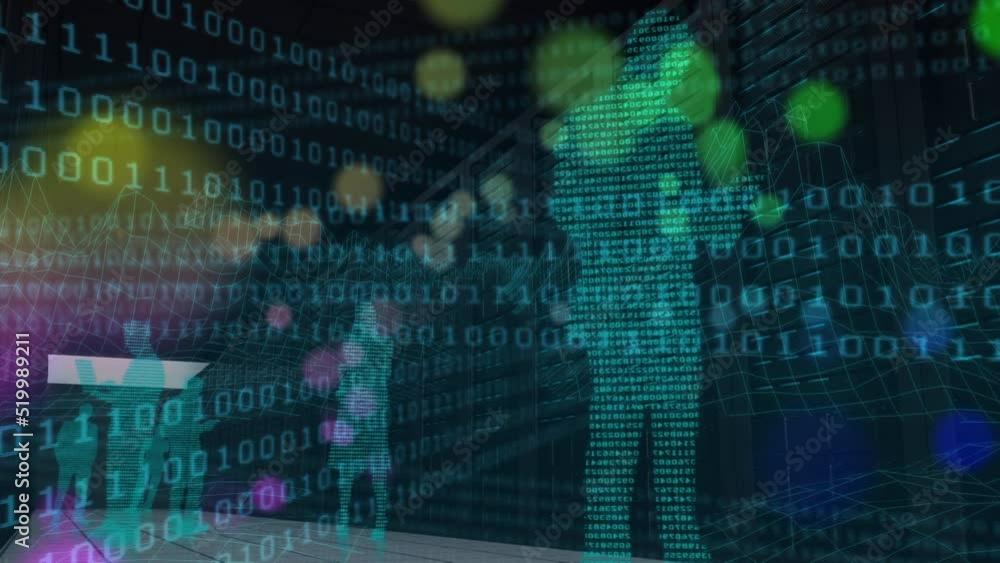 Animation of binary code, human silhouettes and lights moving over black background