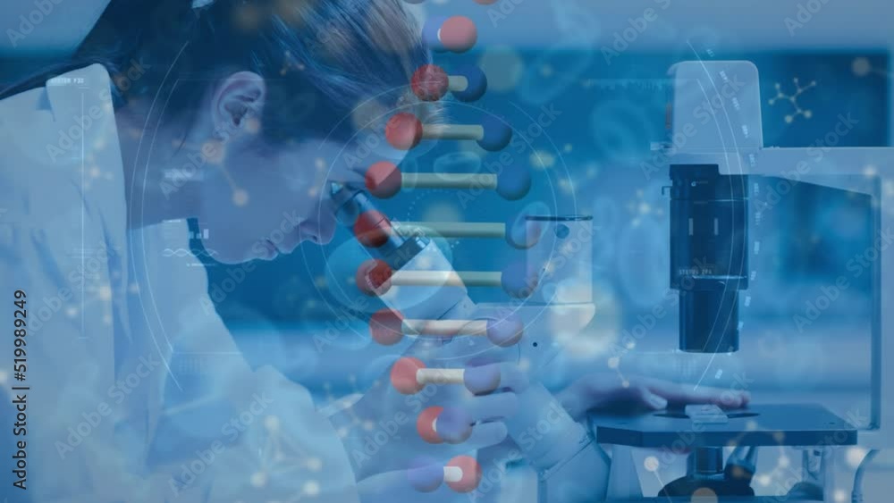 Animation of dna and cells over cuacasian female lab worker with microscope Animation of dna and cells over cuacasian female lab worker with microscope