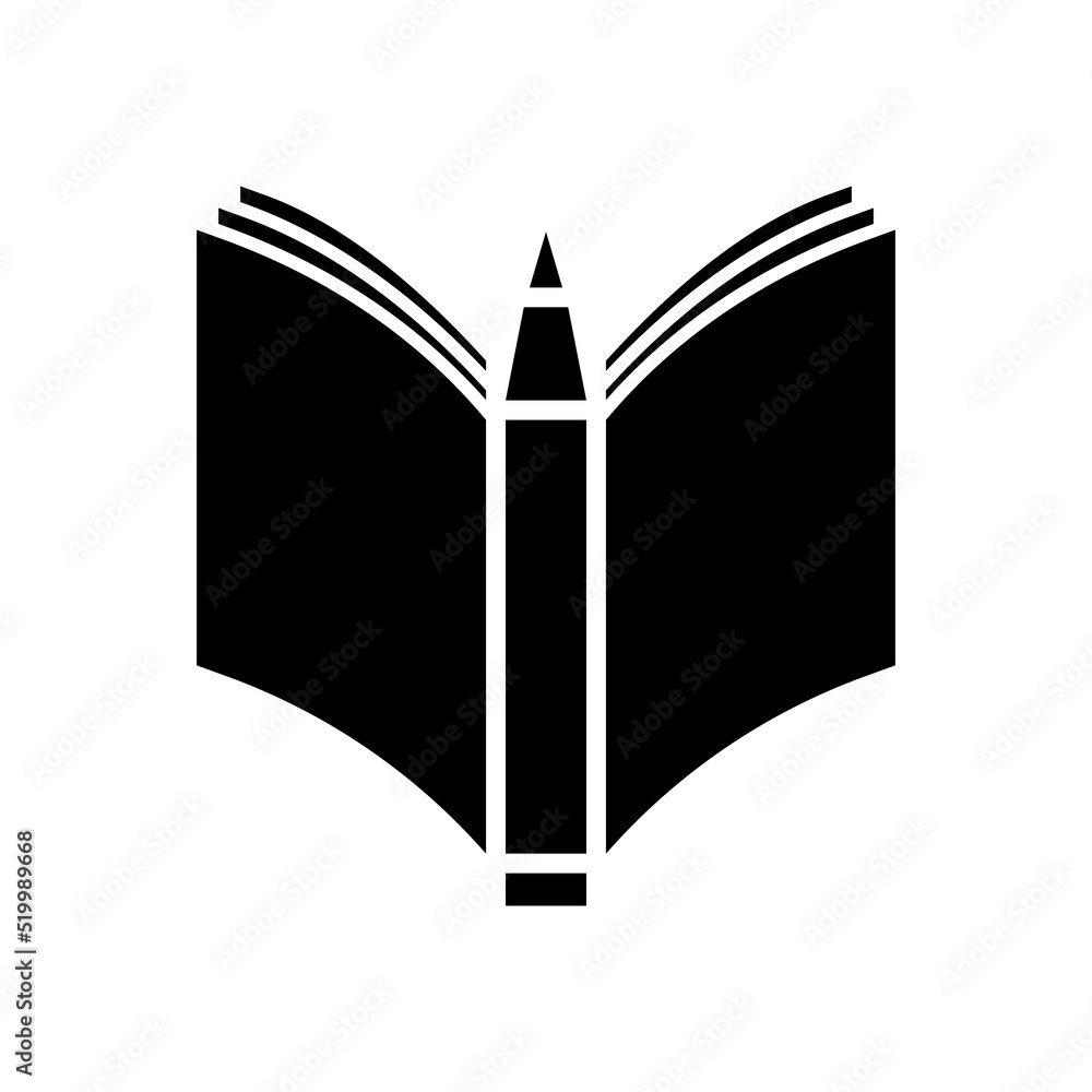 Fototapeta premium Pen and open book, notebook. Isolated simple black vector illustration on white background.
