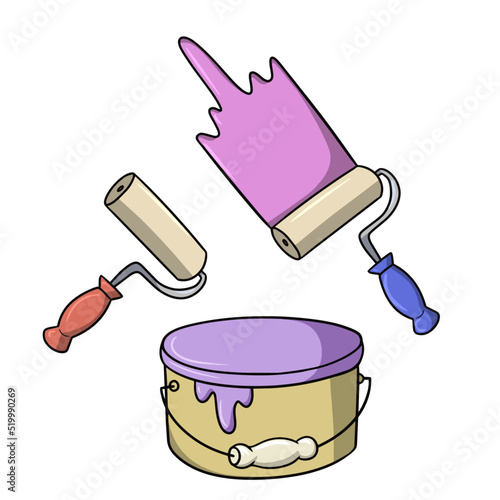 A set of pictures, different paint rollers with paint, repairs in the apartment, vector cartoon illustration