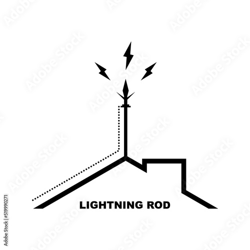 Lightning rod on top roof of building house with thunder flat vector black icon design.