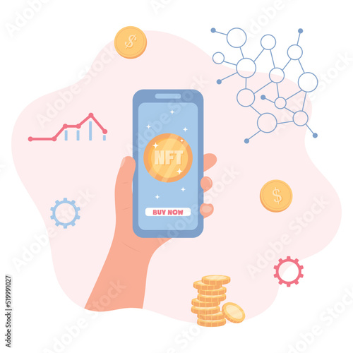 Hand holding smartphone with NFT non fungible token. Digital artwork, non-fungible token, blockchain technology concept..