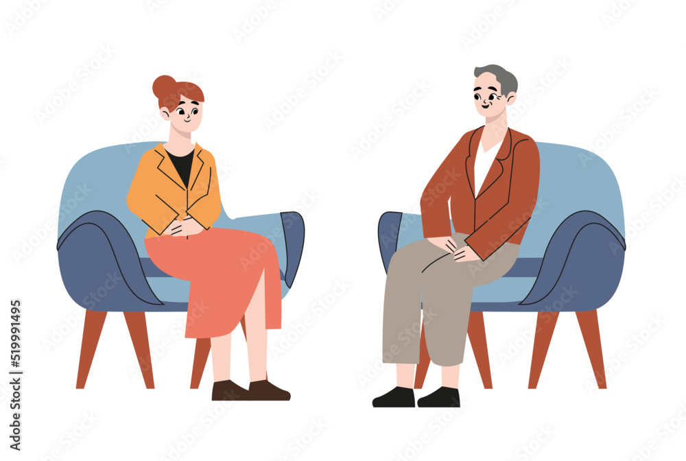 Partners talking. Man woman discuss problems. Flat psychotherapist consulting young girl. Female mental disorder, individual psychological consultation vector concept