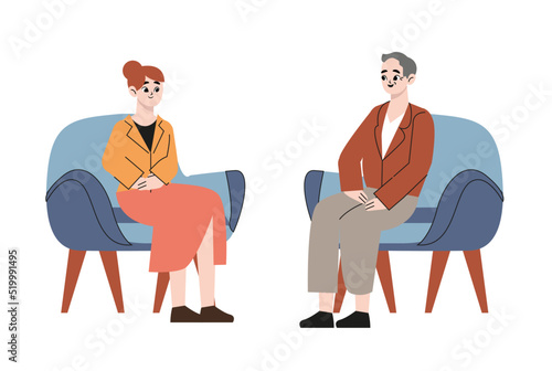 Partners talking. Man woman discuss problems. Flat psychotherapist consulting young girl. Female mental disorder, individual psychological consultation vector concept