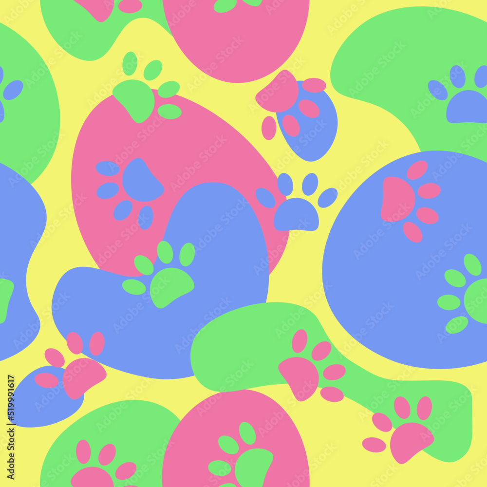 Cute colorful background with animals footprints. Cats steps. Cats feet. Print for textiles and posters of veterinary clinics. EPS 10