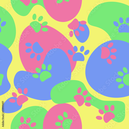 Cute colorful background with animals footprints. Cats steps. Cats feet. Print for textiles and posters of veterinary clinics. EPS 10