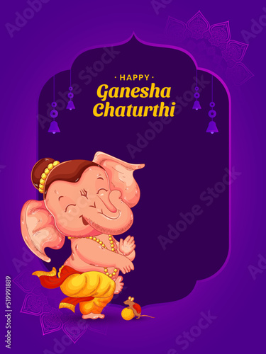 Happy Ganesha Chaturthi indian festival celebration, Beautiful purple background with hangings.
