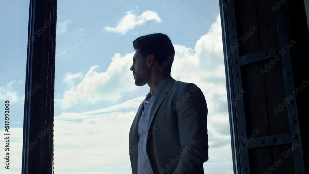 Ceo man director thinking panorama window closeup. Luxury business work concept Ceo man director thinking panorama window closeup. Luxury business work concept