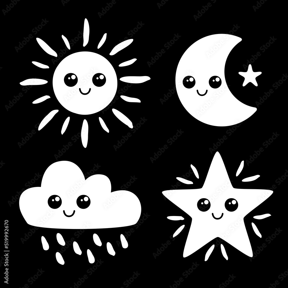 Cute weather forecast icons set. Black and white element for montessori black and white contrast cards. Cute weather forecast icons set. Black and white element for montessori black and white contrast cards.
