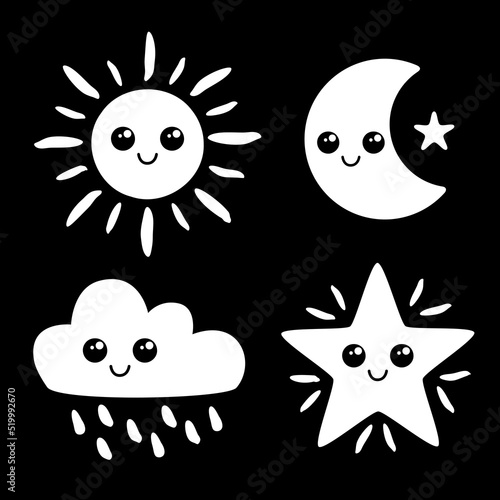 Cute weather forecast icons set. Black and white element for montessori black and white contrast cards.