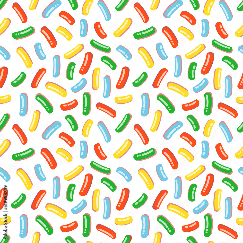 Seamless pattern with white donut icing with lots of decorative bright sprinkles. Vector illustration of colorful candy sprinkles for fabrics, textures, wallpapers, posters, cards. Seamless pattern with white donut icing with lots of decorative bright sprinkles. Vector illustration of colorful candy sprinkles for fabrics, textures, wallpapers, posters, cards.