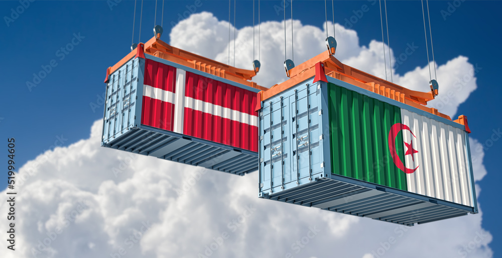 Cargo containers with Algeria and Denmark national flags. 3D Rendering