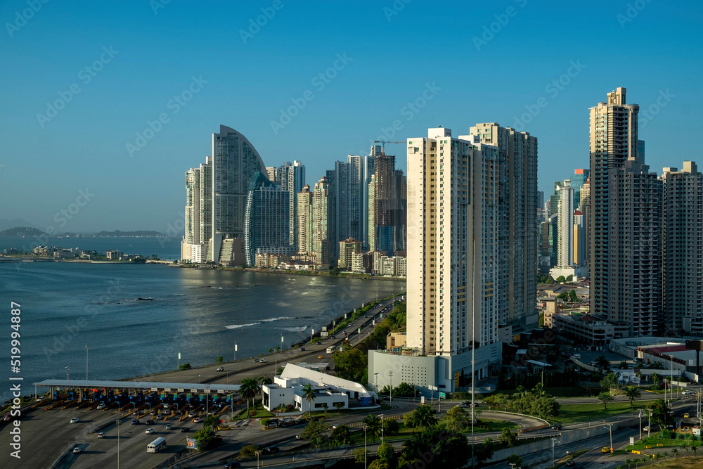Panama City, city center skyline and Bay of Panama, Panama, Central America