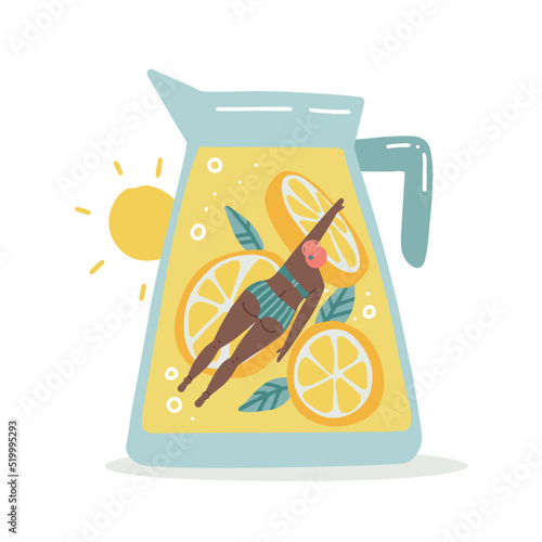 Jar of lemonade and a tiny girl swimming in it like in a pool . Summer vacation concept. Fruit citrus juice in a glass jug with lemon slices. Vector flat hand drawn illustration.