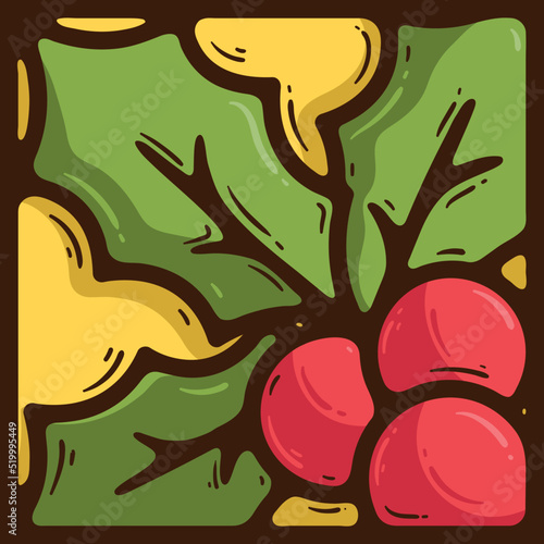 Fragment of the advent calendar. Vegetable logo with red fruits and green holly leaves. Handdrawn Christmas icon with holly plant in brown frame.