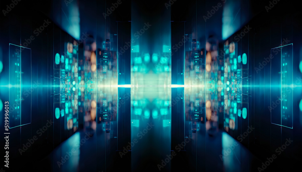 Abstract blue futuristic background, data center, data transfer, rays and lines, blue neon. Reflection of light in space. Dark futuristic empty scene. 3D illustration. Abstract blue futuristic background, data center, data transfer, rays and lines, blue neon. Reflection of light in space. Dark futuristic empty scene. 3D illustration.