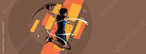Sport collage with professional basketball player in action, motion with ball isolated on retro colors geometric background. Art, creativity and ad © master1305
