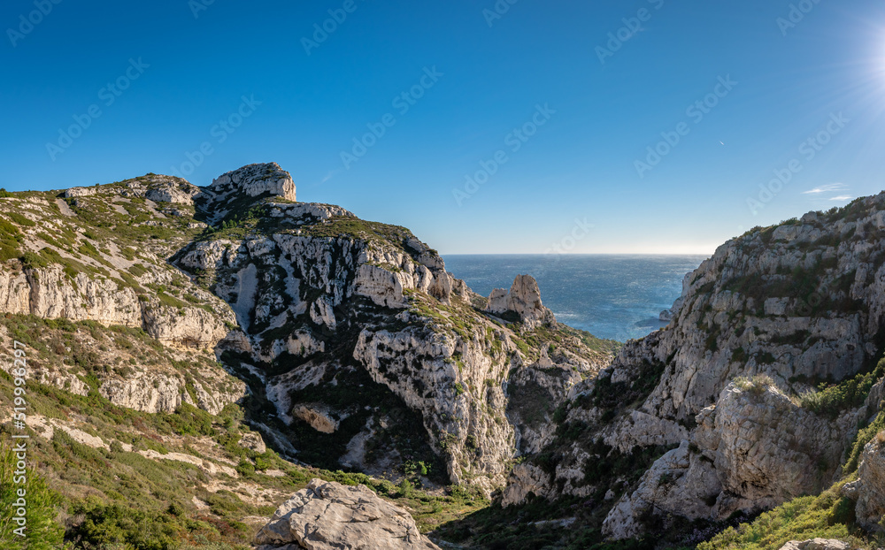 View overlooking the Mediterranean from the pass of the escourtines inthe creeks of Marseille with the creek of Sormiou in background