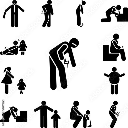 Man, ache, cramp, pain, icon in a collection with other items