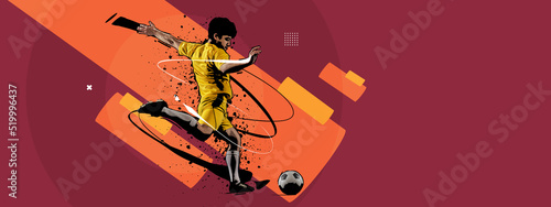 Fototapeta Contemporary art collage. Professional male soccer football player kicking the ball over abstract retro colors background. Sport, betting, news, ad