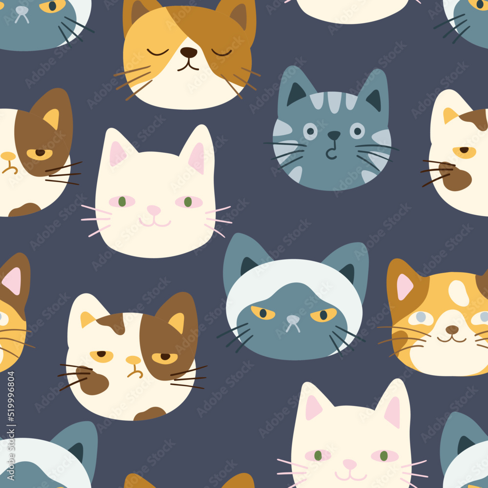 Cute colorful cats heads, kitten faces, vector seamless pattern. Funny kitty pet animal cartoon characters with emotions, texture for fabric, wallpaper, wrapping paper, textile, bedding, t-shirt print