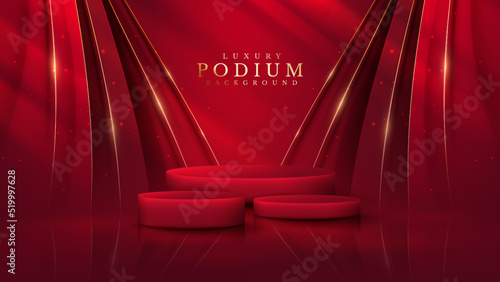 Red color podium with ribbon elements and gold lines with glitter light effect decoration and bokeh.