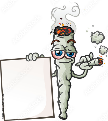 A tall smoking marijuana joint cartoon character holding a large blank poster board sign