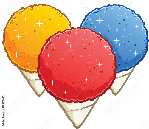 A trio of red cherry, blue raspberry and yellow lemon snow cone frozen desserts cartoon vector illustration