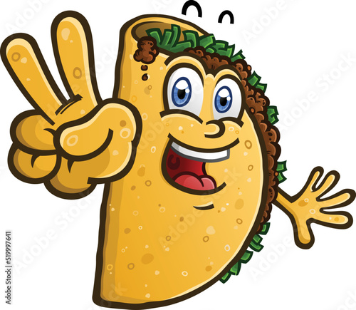 Taco Cartoon Character Flashing a Peace Sign Hand Gesture