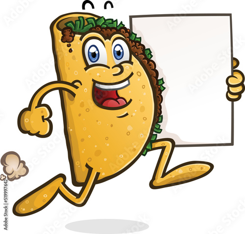 A delicious beef taco cartoon character on a brisk bouncy jog to the Mexican food stand while holding a blank poster board sign