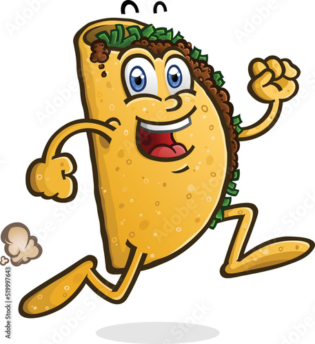 A delicious beef taco cartoon character on a brisk bouncy jog to the Mexican food stand 