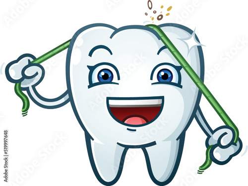 Cartoon tooth character flossing with a long rope of green mint dental floss
