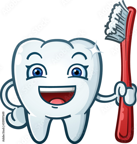 For ExportHappy Sparkling Smiling Tooth Cartoon Character Holding a Giant Red Plastic Toothbrush