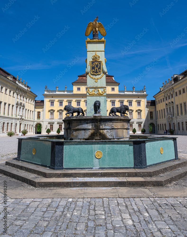 Fototapeta premium Residenzschloss Ludwigsburg castle with a wonderful fountain. Middle courtyard with a view of the old main building. Baden-Wuerttemberg, Germany, Europe