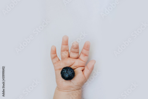 Close-up of baby hand holding blueberry. Harvest, summer, healthy eating concept.