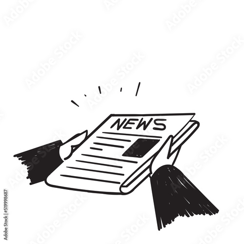 hand drawn doodle hand holding and reading newspaper illustration vector isolated
