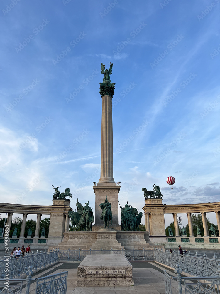 Millennium Monument against cloudy sky. Budapest, Hungary