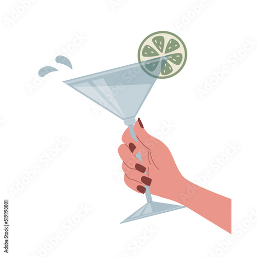 Graceful female hand holding the glass with martini. Alcoholic drink isolated on a white background. vector beverage.