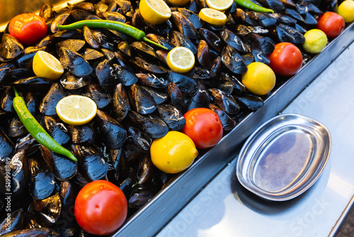 Stuffed mussels served on a street food stall, Istanbul Turkiye