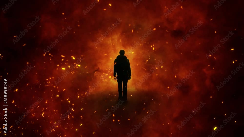 Silhouette of a man with seamless looping fire flames and sparks. Silhouette of a man with seamless looping fire flames and sparks.