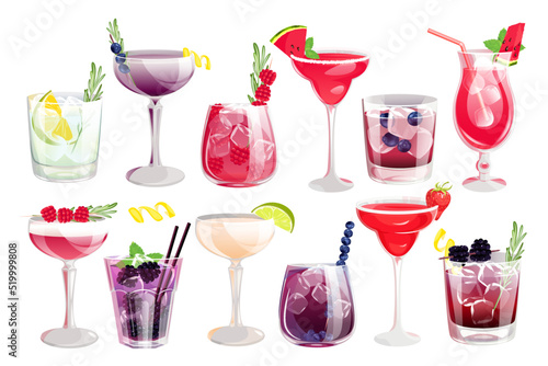 Cocktail set.Summer drinks.Blackberry, strawberry, raspberry, blueberry cocktails in different glasses.Gin and tonic, clover club, classic Hemingway cocktail.