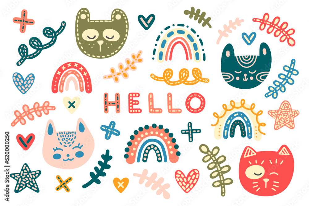 Colorful vector set in scandinavian folk style with over 30 clip arts. Bright cute cats, rainbows, twigs, hearts and crosses for prints, posters, patterns, textiles, wrappers, decor, interiors, kids