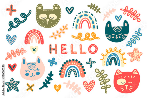 Fototapeta Naklejka Na Ścianę i Meble -  Colorful vector set in scandinavian folk style with over 30 clip arts. Bright cute cats, rainbows, twigs, hearts and crosses for prints, posters, patterns, textiles, wrappers, decor, interiors, kids