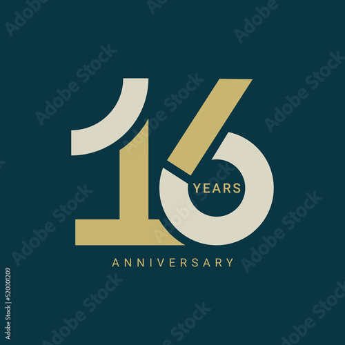 16 Year Anniversary Logo, Golden Color, Vector Template Design element for birthday, invitation, wedding, jubilee and greeting card illustration.